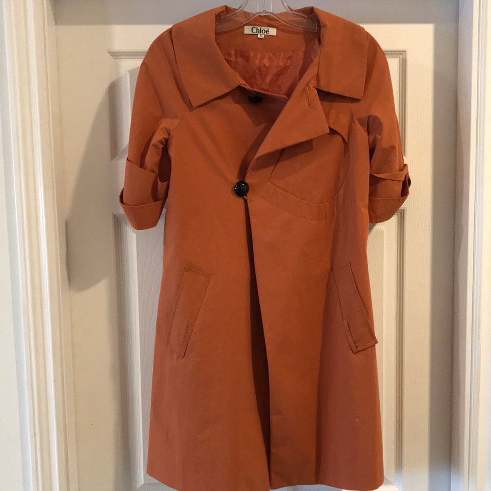 Chloe Orange Trench Coat with Wide Collar and Asymmetrical Closure